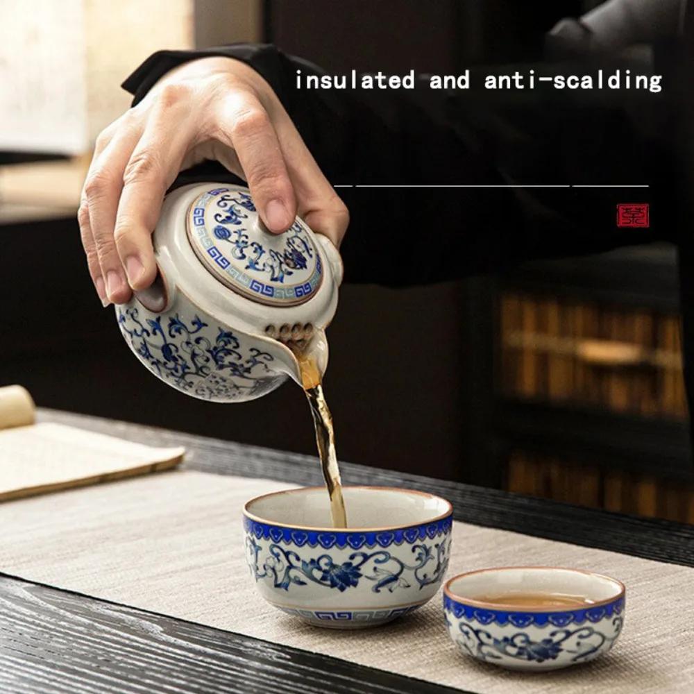 Blue and White Ru Kiln Travel Tea Set Quick Cup Portable Tea Set Kung Fu Tea Set Storage Bag Camping Outdoor Office Drink Pot