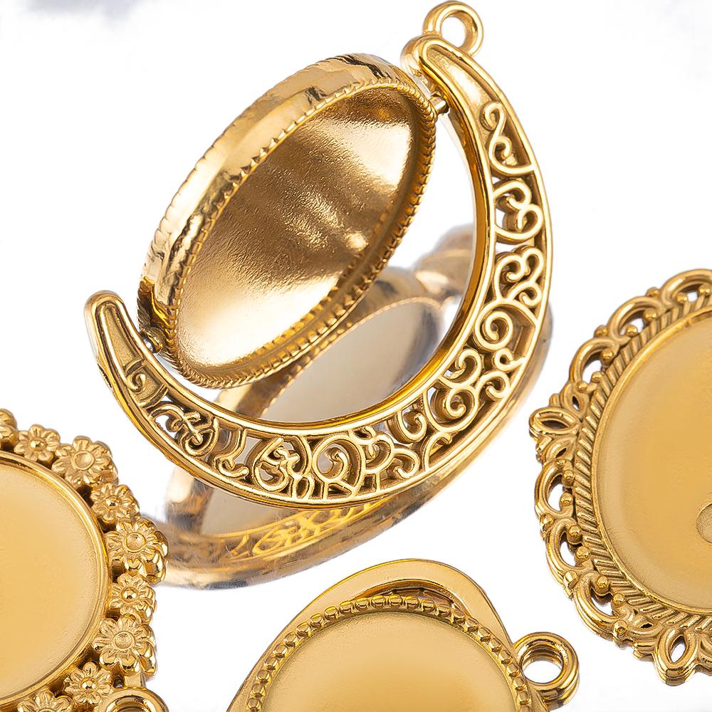 2pcs Stainless Steel Retro Heart Round Charms Blank Tray Base Gold Plated Cabochon Cameo Base Tray Bezel Pendant Jewelry Finding