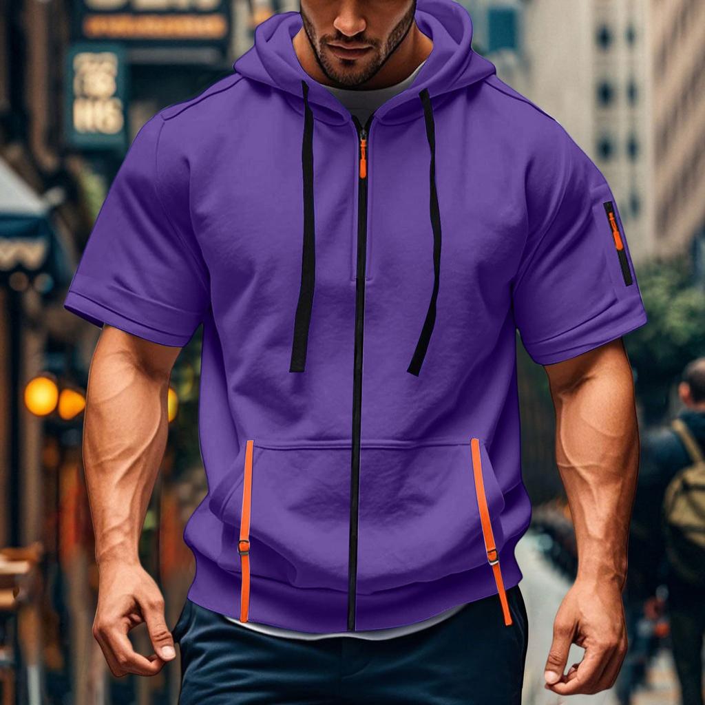 Men's Casual Short-sleeved Sweatshirt. Loose And Breathable Solid-color Sweatshirt Jacket With Multiple Pockets And A Zipper.
