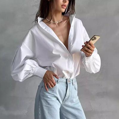 Women Casual Classic Lantern Sleeve Shirt Round Neck Solid Loose Basic Blouse Spring Summer Single-breasted Tops