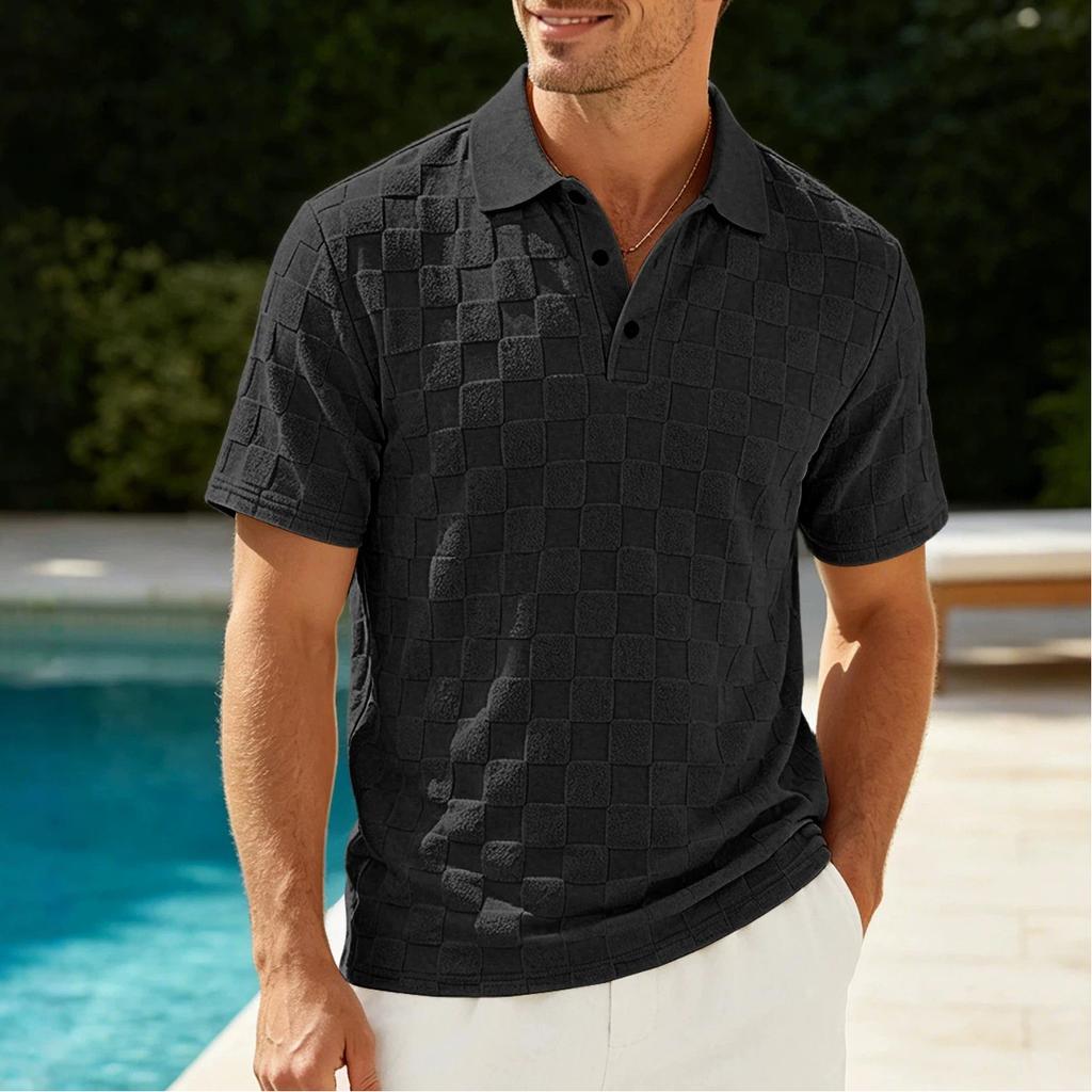 Mens Casual Check Jacquard Short Sleeve Collared Polo Shirt Breathable Loose Summer T-Shirt