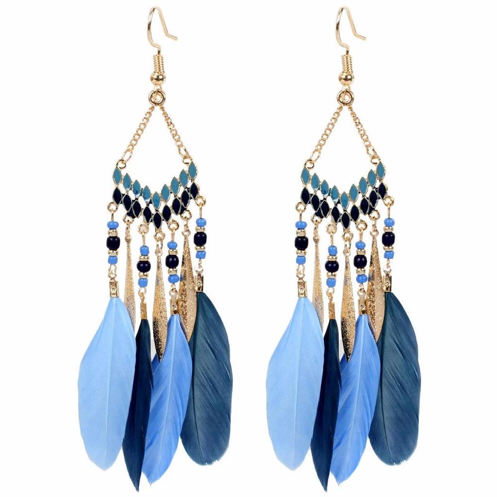 Bohemian Feather Earrings for Women, Face-Slimming Ethnic Style, Long Travel & Holiday Accessory
