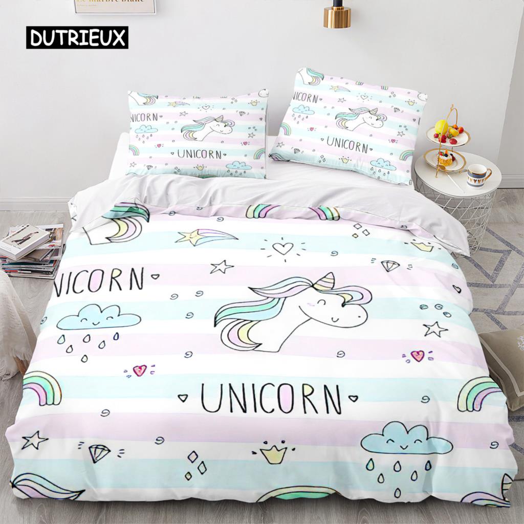 Unicorn Duvet Cover King Queen Cute White Cartoon Animal Bedding Set Children Boys Girl Western Fairy Tale Polyester Quilt Cover