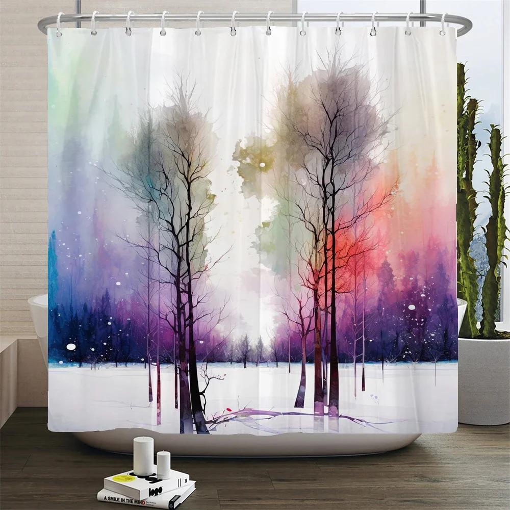 Stunning Watercolor Trees Print Water-resistant Shower Curtain with Artistic Design and Soft Colors for Vibrant Bathroom Decor
