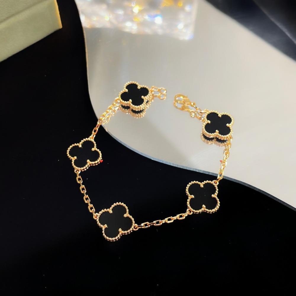 Bracelet Trèfle à Quatre Feuilles Version Haute Cinq Fleurs Calcédoine Violette Naturelle Gravé Laser CNC 18K Ne Se Décolore Pas Bracelet pour Dames