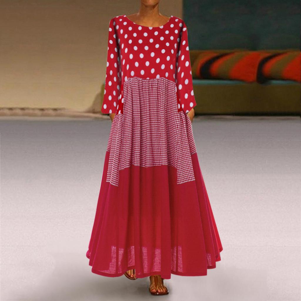 Women Vintage  Wave Point Print Dress Long Sleeves  Maxi Dress