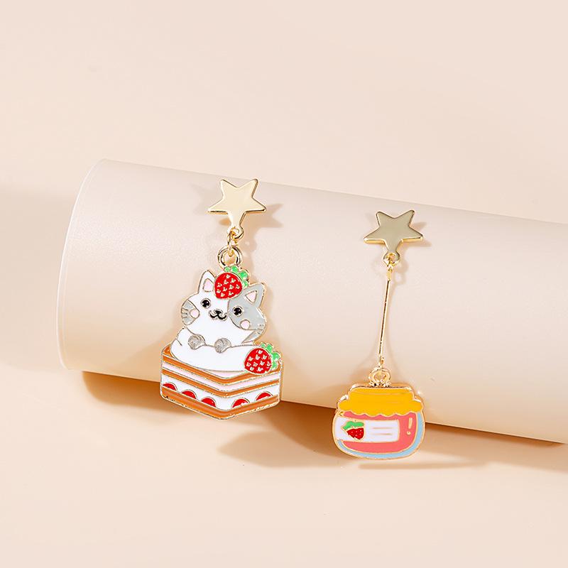 Asymmetrical Cartoon Balloon Bear Earrings, Cute Rainbow Rabbit Cat Cake Daisy Angel Stud Earrings