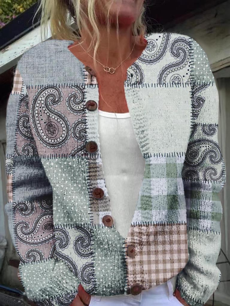 Women's Loose Fit 3D Print Round Neck Long Sleeve Cardigan Sweater