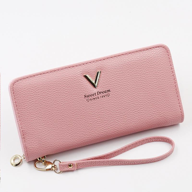 New solid color long wallet women's simple high-end lychee pattern soft leather trend zipper wallet spot