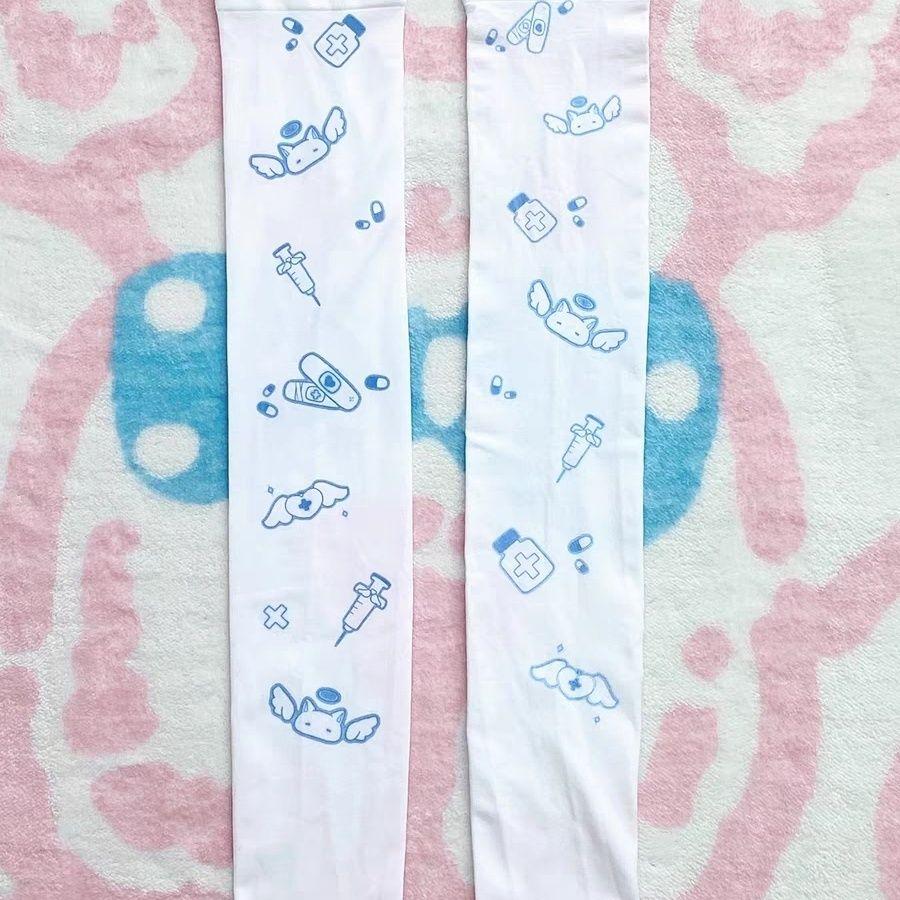 Gothic Japanischer Cartoon-Print Lange Socken Mode Kawaii Niedlich Weiß Dünn Studentensocke Weites Bein Stretch Cool Wadenlang Strumpfwaren)