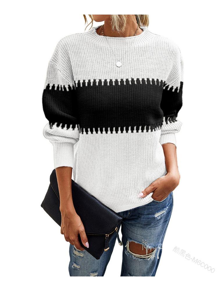 Contrast Colour Striped Knitted Sweater for Women Bell Sleeves Top Women's Round Neck Luxurious Relaxed-fit Slimming and Versatile Top