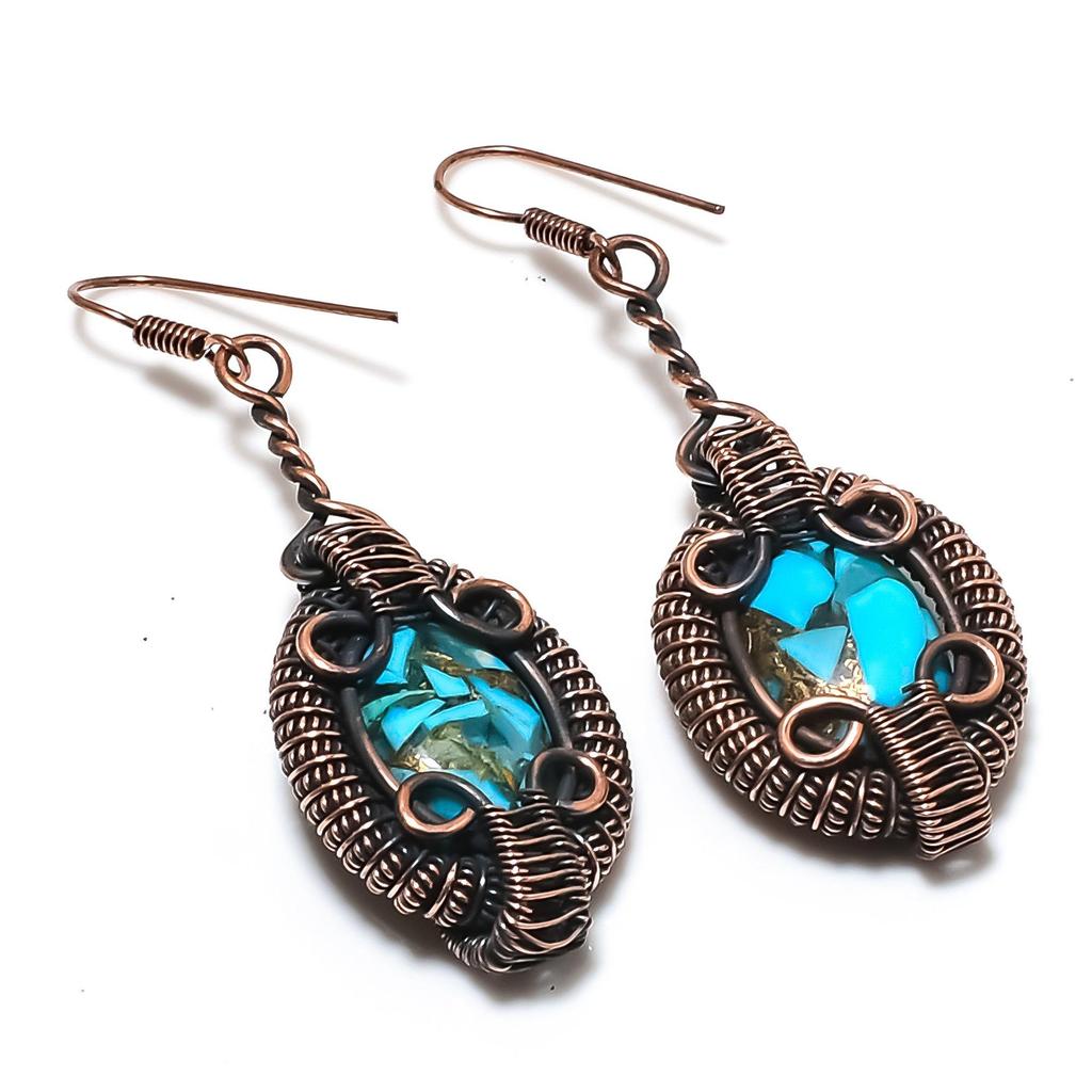 Blue Copper Turquoise Handmade Gemstone Earrings,999 Copper Wire Wrapped Earrings Antique Jewelry, For Engagement Gift
