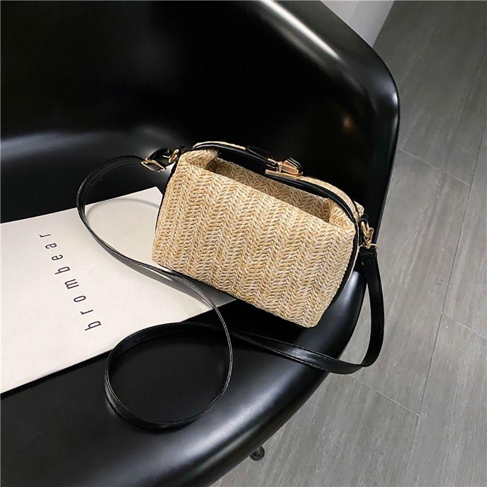 

Fashion with Hardware Lock Crossbody Bag Trendy Large Capacity Simple Straw Handbag Soft Handle Beach Bag Women Girl чорний