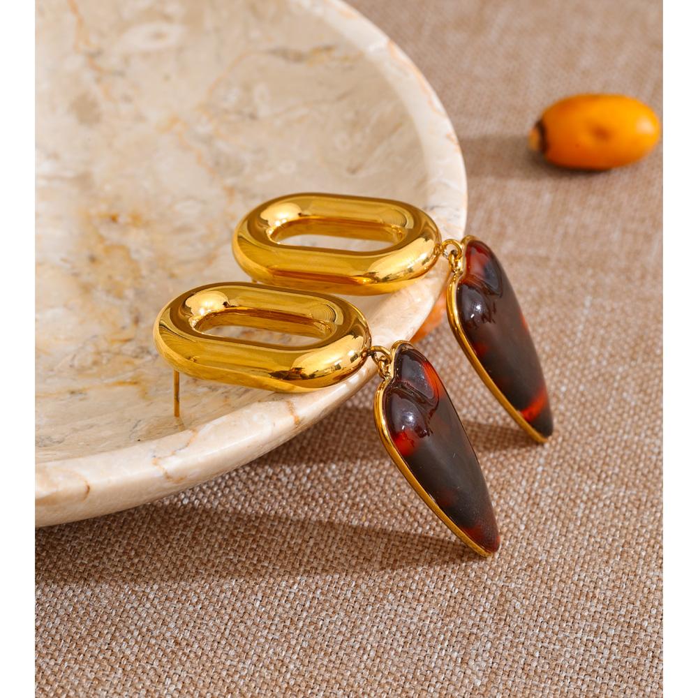 Yhpup Stainless Steel Amber Resin Heart Drop Earrings 18K Gold Color PVD Plated Fashion Attractive Women Jewelry Exclusive Style