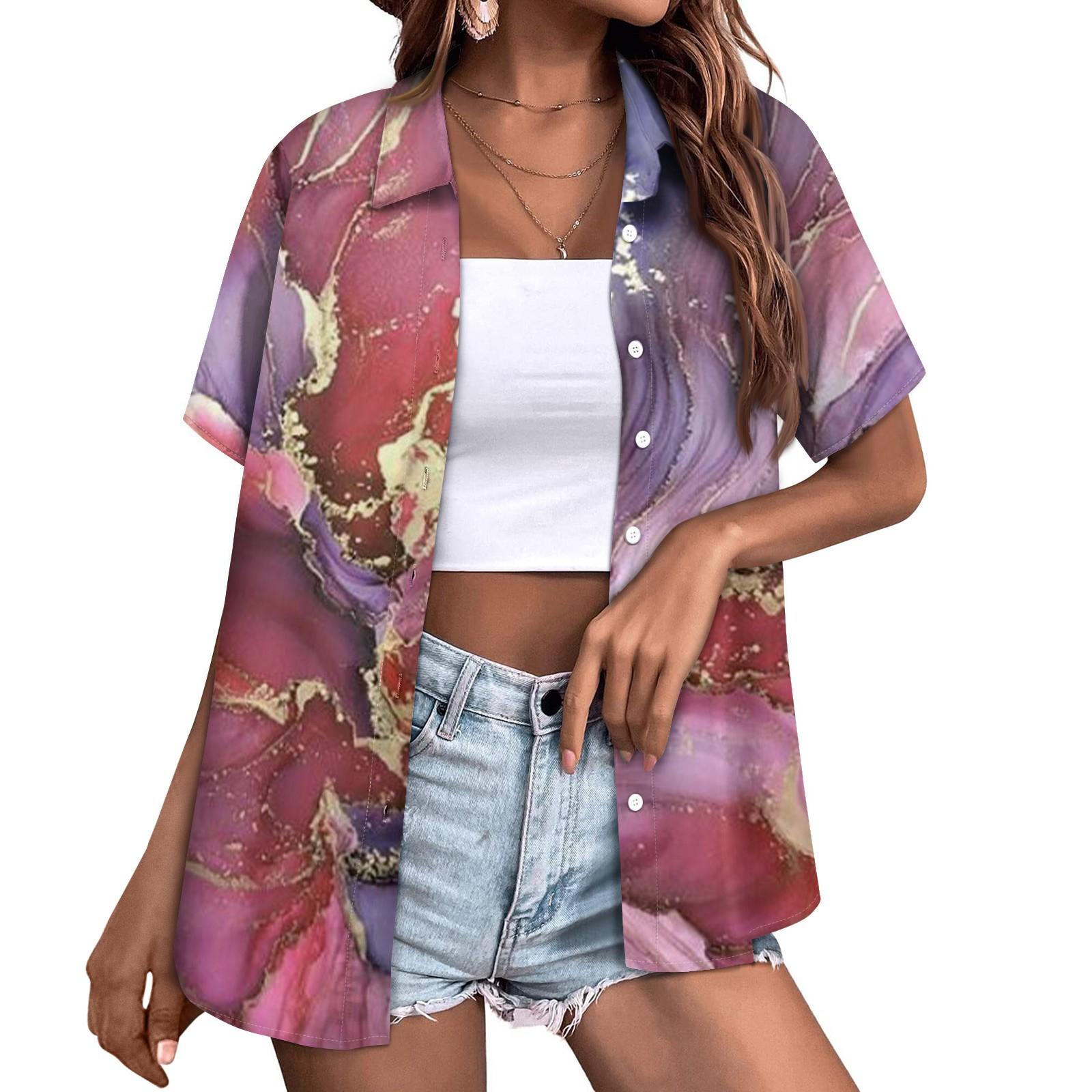 Женская модная повседневная рубашка с короткими рукавами и цветочным принтом — фото 12