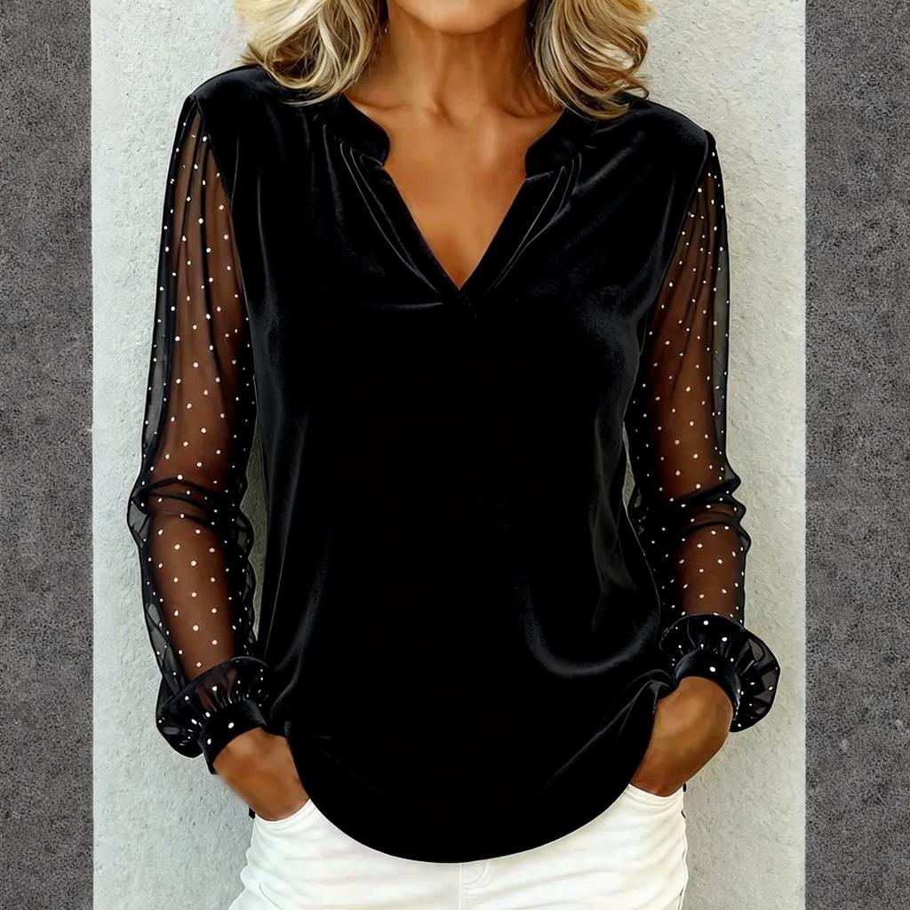 Damen Modisches Und Lässiges V-Ausschnitt Mesh Gold Samt Patchwork Langarm T-Shirt Top