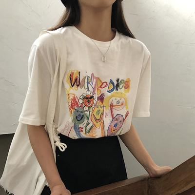 Graffiti White Short-sleeved Women's Korean Style Loose Half-sleeved T-shirt for Women's New Summer Student Versatile Base Top