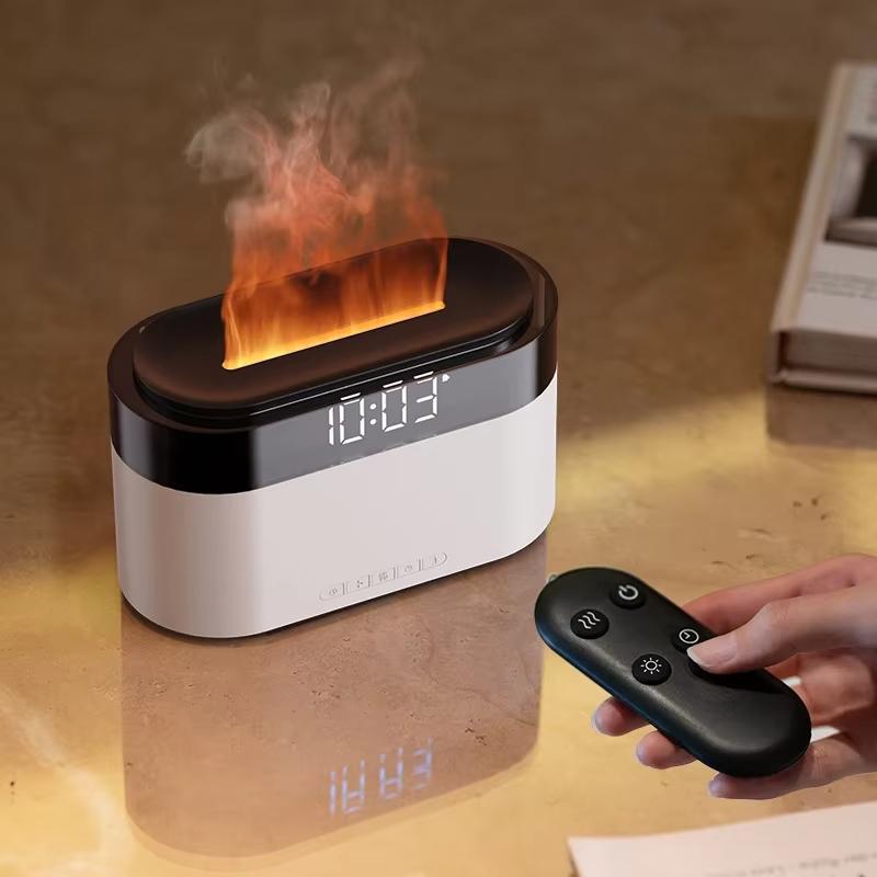 Clock Flame Effect Aroma Diffuser Essential Oil Humidifier Desktop Home Alarm Display Mist Device