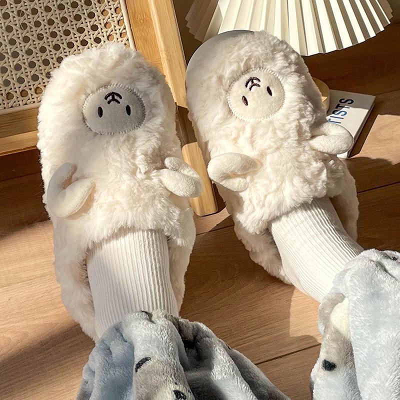 Plush Cartoon Lamb Heart Slippers for Couples - Cozy Indoor Winter Footwear for Women & Men