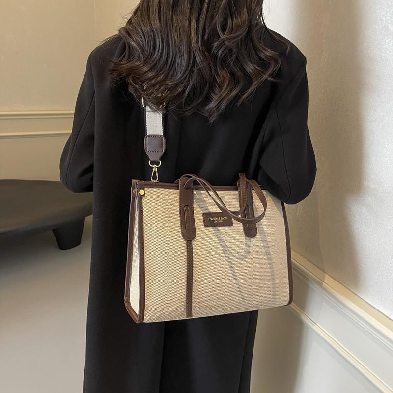 Canvas Tote Bag For Women With Pu Material And Stitching Detail For Daily Use