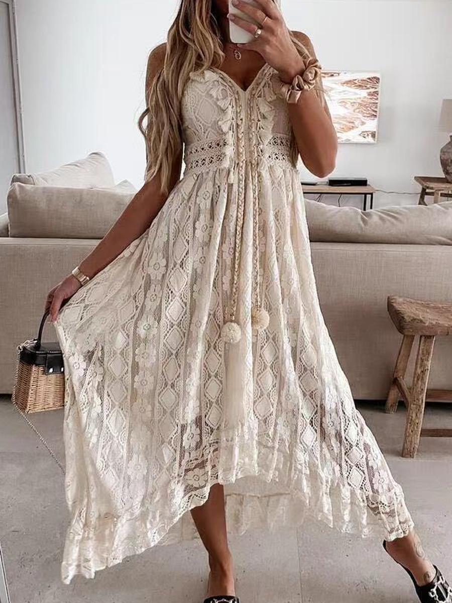 

Summer New Lace Strappy Maxi Dress Evening Gown XXXL бежевий