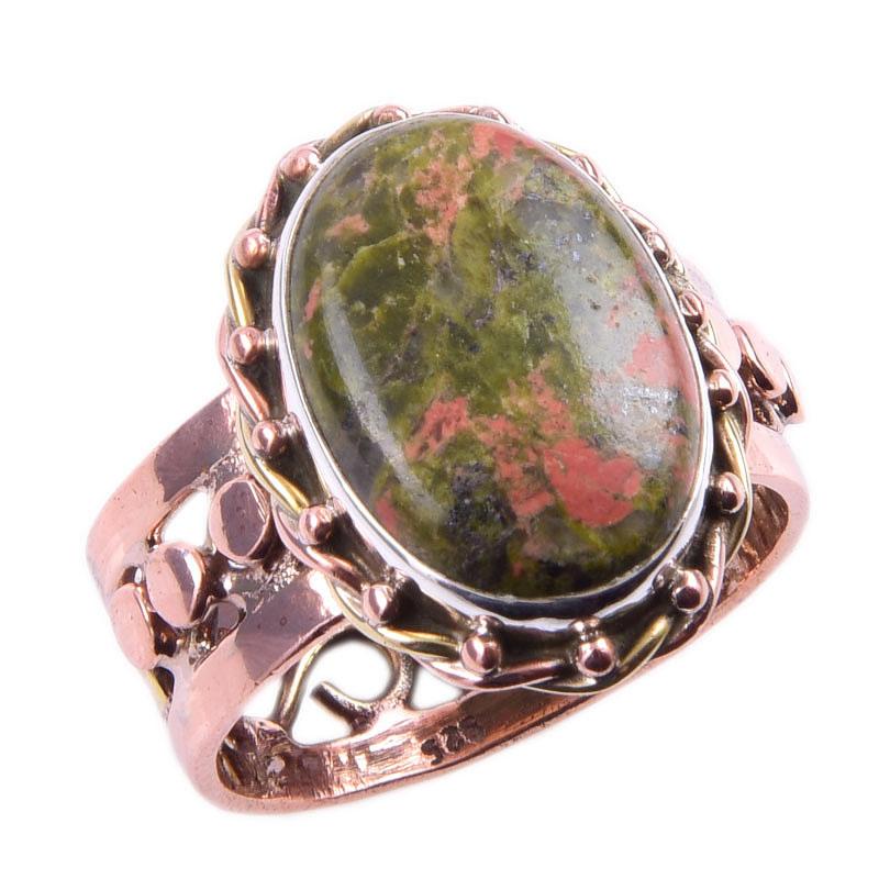 Natural Unakite Gemstone Handmade 925 Sterling Silver Two Tone Ring S.9.5 y1F27