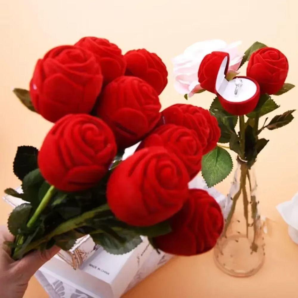 Red Velvet Rose Ring Box with Leaves Simulation Flower Rose to Ring Box Romantic Gimmick Flower Wedding Ring Box