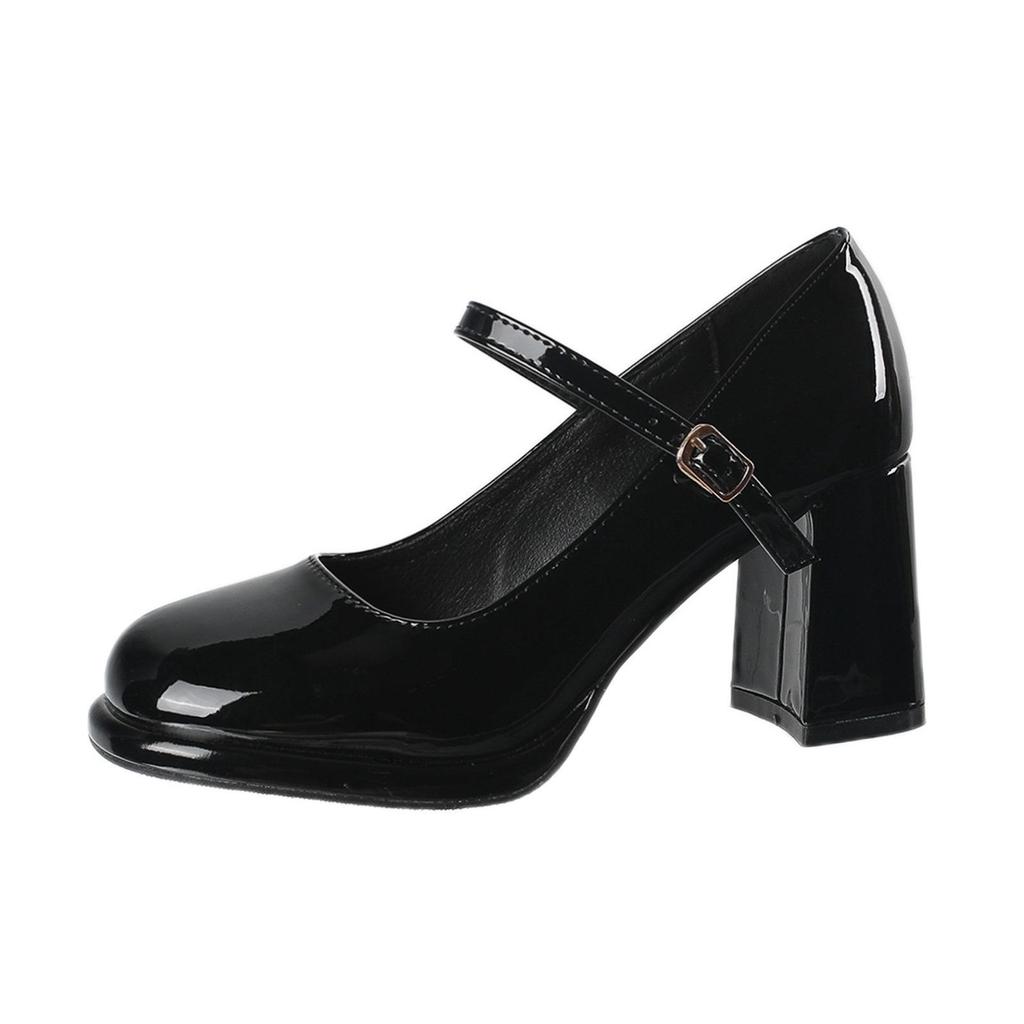 Skórzane, wodoodporne, platformowe buty Mary Jane ze skóry bydlęcej z paskiem na klamrę - damskie buty retro na grubym obcasie