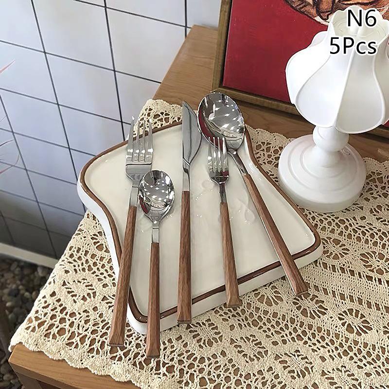 1/5 Stück Edelstahl Imitation Holzgriff Besteckset Geschirrklammer Westliches Tafelgeschirr Messer Gabel Teelöffel