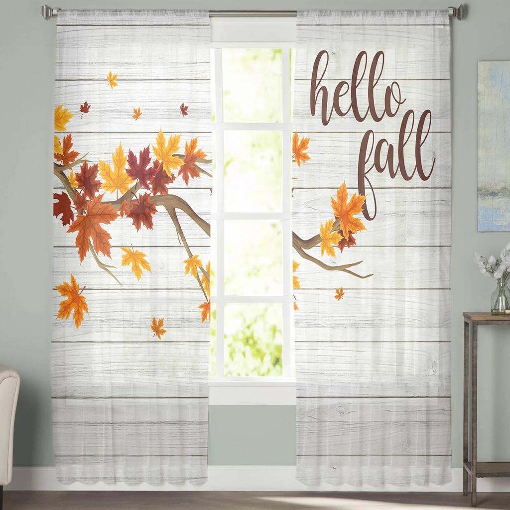 Maple Leaf Farmhouse Retro Wood Grain Tulle Curtain for Living Room Kitchen Bedroom Sheer Tulle for Cafe Hotel Modern Home Decor