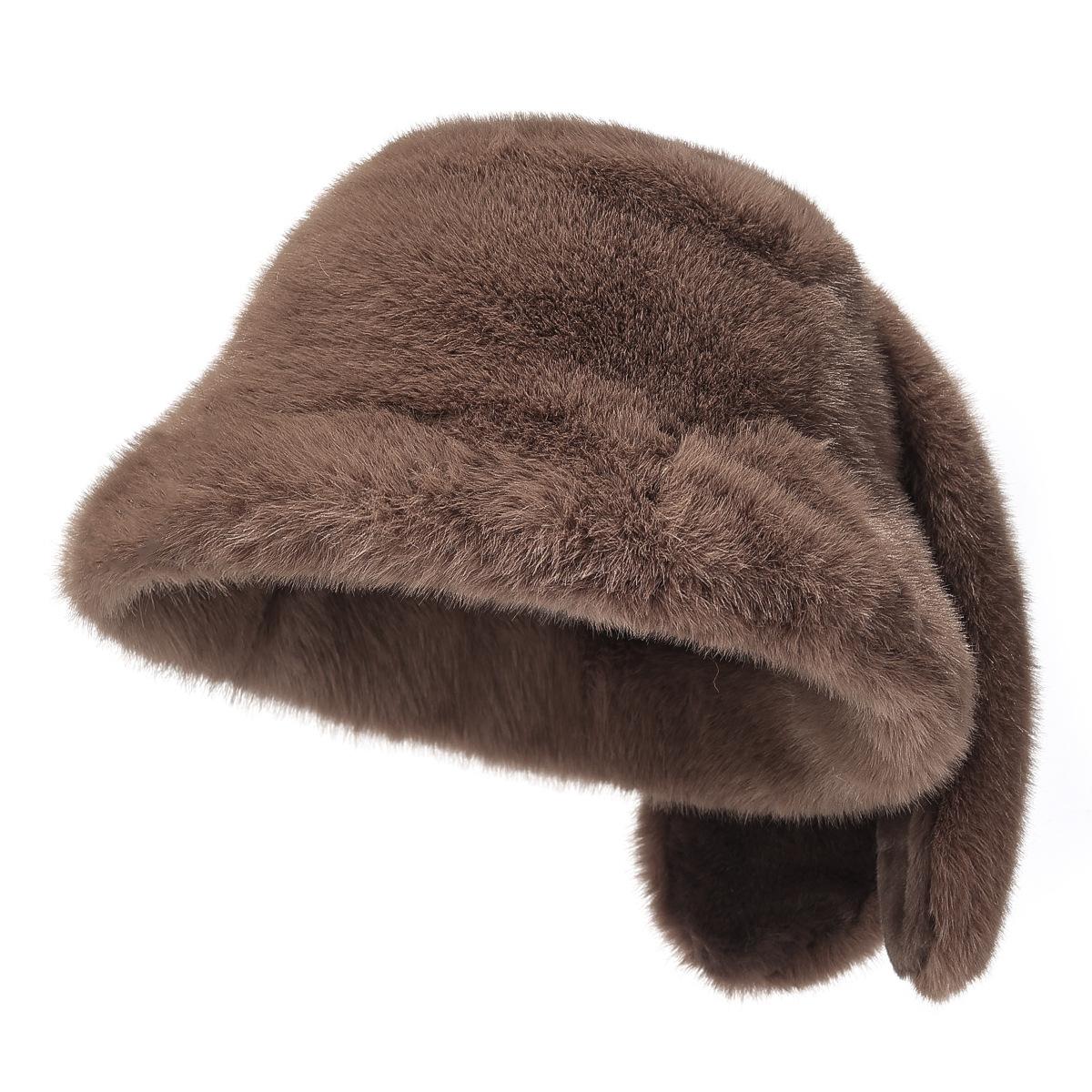 

Winter Faux Mink Fur Bucket Cap with Rabbit Ears Outdoor Windproof Fleece Lined Fisherman Hat
