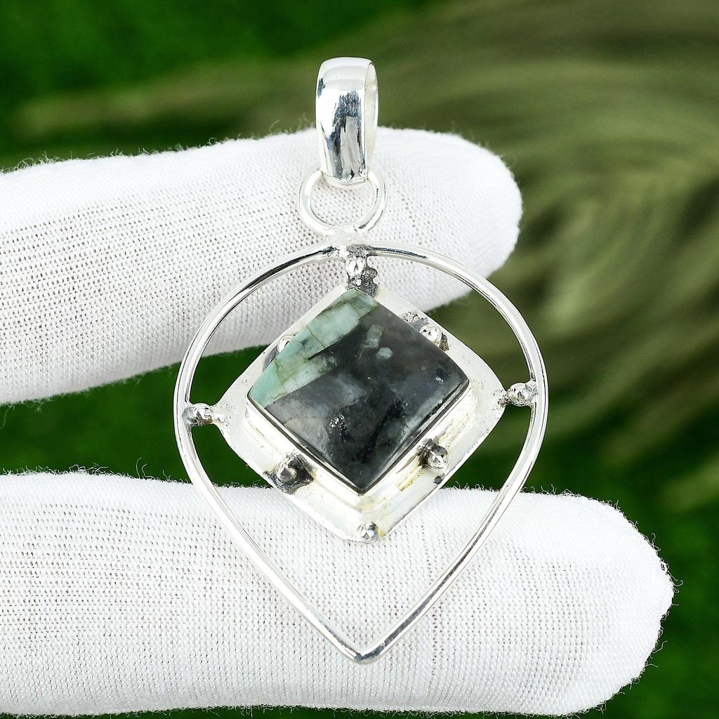 Square Natural Amazonite 925 Sterling Silver Wedding Handcrafted Ethnic Pendant