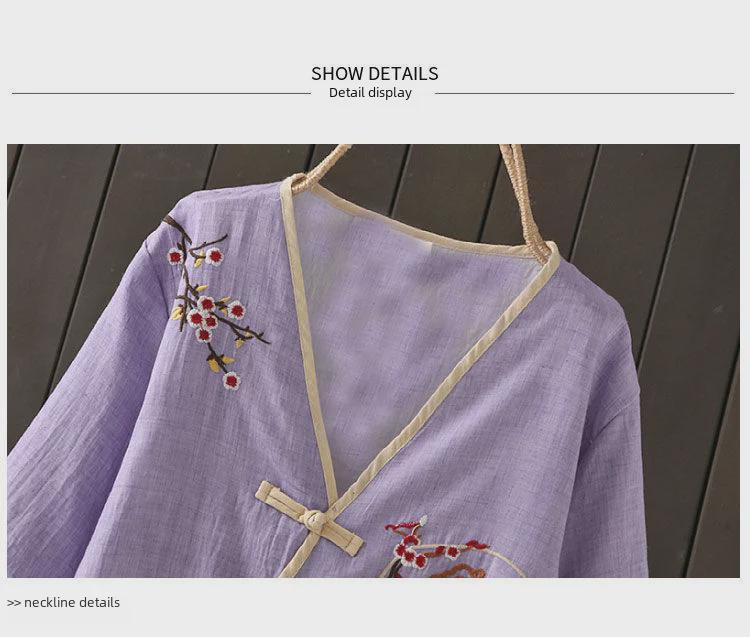 Embroidered V-Neck Chinese Style Buttoned Cardigan Dress – Women's Retro Five-Point Sleeve