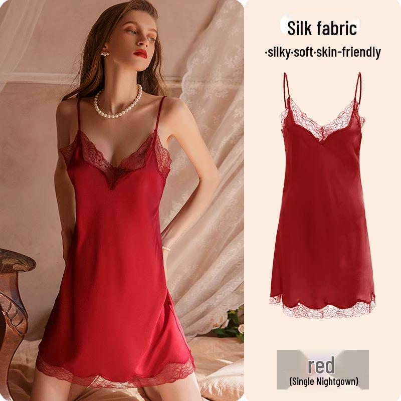 Camisón de Encaje de Seda de Hielo de Alta Gama Verano 2025 para Mujer - Estilo Puro Deseo con Almohadilla en el Pecho, Talla Grande Disponible