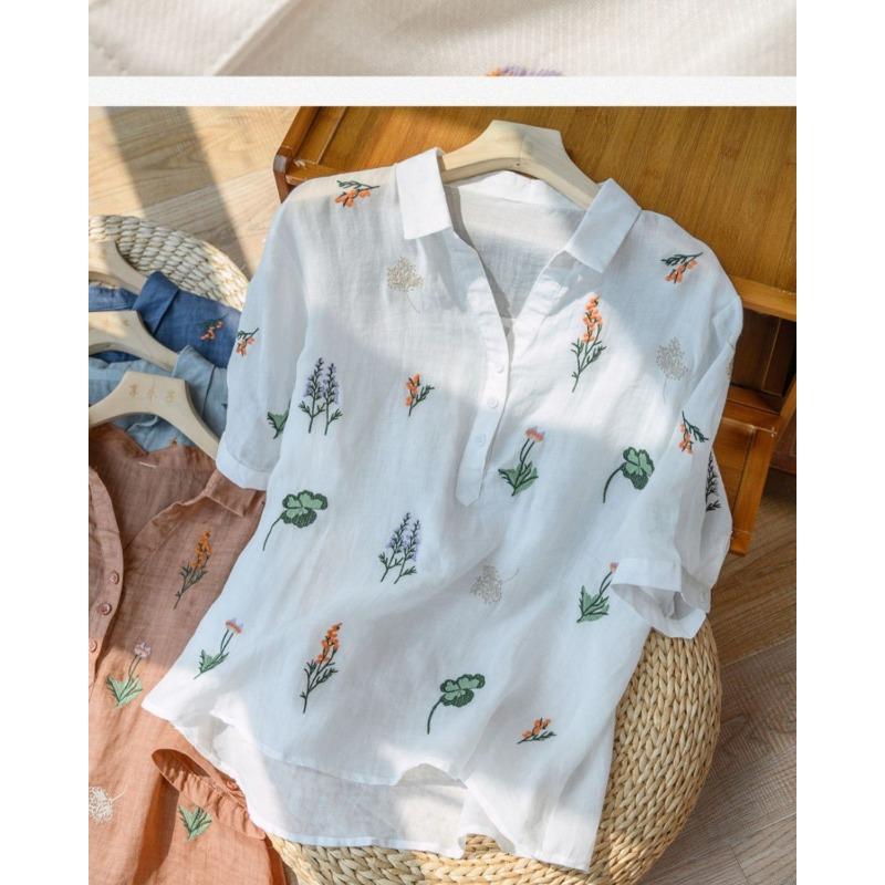 Short-sleeved Cotton and Linen Shirts for Women in Summer New Style Loose Literary Retro Printed Fashion Tops Casual