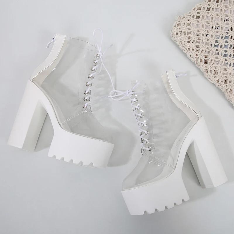 Fashion Women's Thick Platform Pvc Ankle Boots Square Chunky High Heels White Round Toe Female Shoes Concise Modern Casual Office