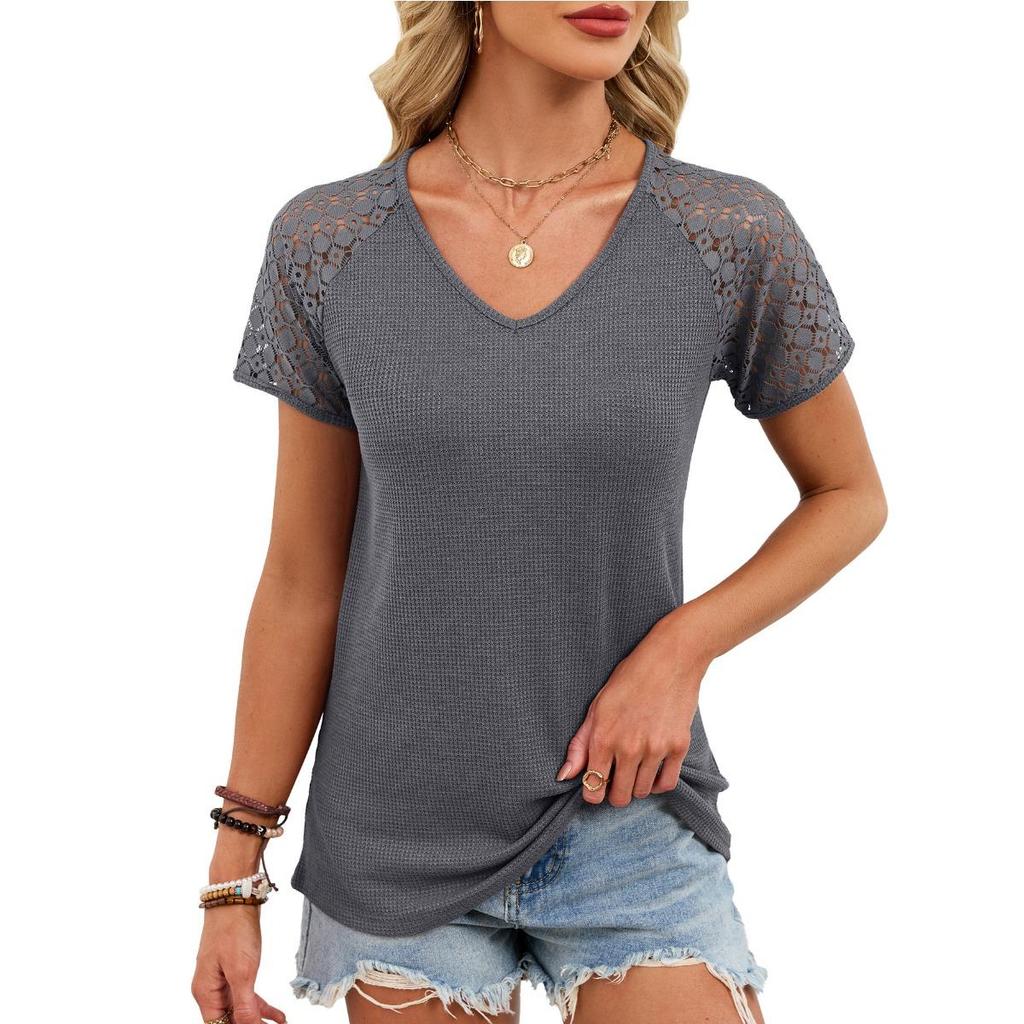 New Summer Spring Women's Loose Short Sleeve V-neck Lace Top Solid Color T-shirt Leisure Trade America Europe