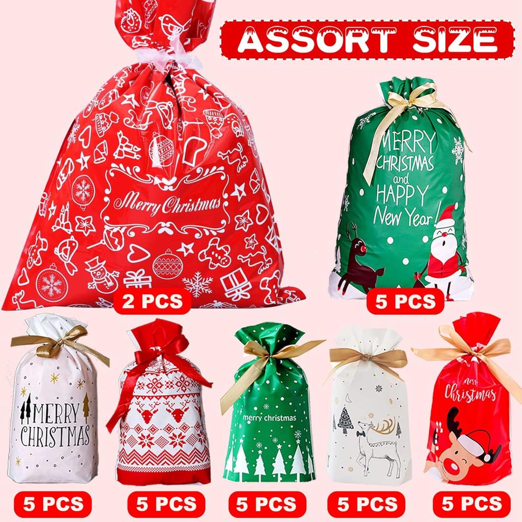 Funnlot Christmas Drawstring Gift Bags 32PCS in 7 Styles Christmas Wrapping Bags Xmas Treats Bags Christmas Party Favor Pouch Goody Sweet Treat Candy