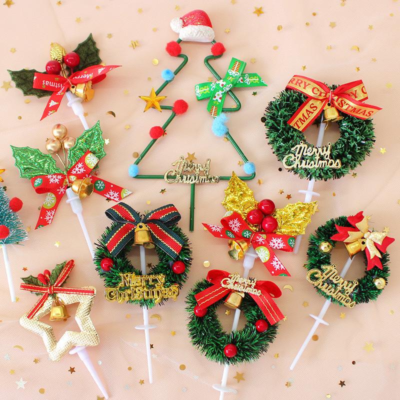 10pcs Christmas Cake Picks Cake Toppers with Bow Holiday Cupcake Toppers Wreath for Holiday Christmas Cake Ornaments Decorations