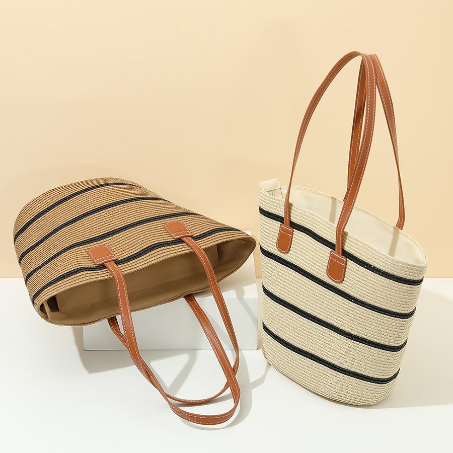 Women's Straw Tote Bag: Summer Beach Holiday Style, Large Capacity, Shoulder Bag, Soft Stripes