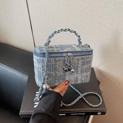 High Sense Versatile Trend Casual Fashion Box Bag Women's Summer Denim Striped Blue Messenger Bag