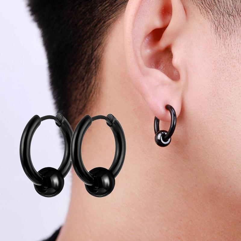 4 Pairs Mens Black Round Disc Huggie Hoop Stud Earrings Stainless Steel Faux Gauges Ear Tunnel Piercing Hypoallergenic Jewelry