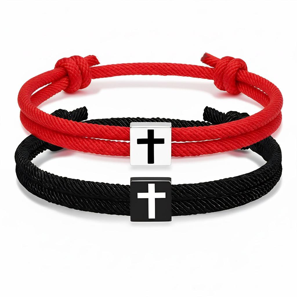 Hand-woven Black and White Cross Milanese Adjustable Bracelets – A Pair of Matching Couple’s Bracelets