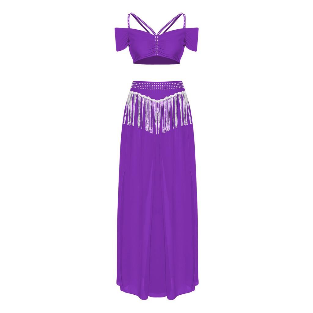 Womens Chiffon Wide Leg Pants Sequins Tassel Slit Belly Dance Culottes Cold Shoulder Crop Top Rhinestone Waist Set