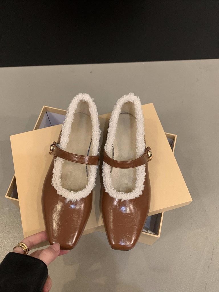 Flache Herbst- und Winter-Plüsch-Baumwollschuhe Einzelne Schuhe 2025 Quadratische Spitze Schwarze Mary Janes Abendschuhe