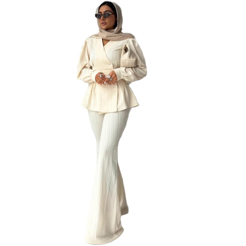 2025 Summer Women's Cross-Border Trendy Casual V-Neck Long Sleeve Top & Pants Set
