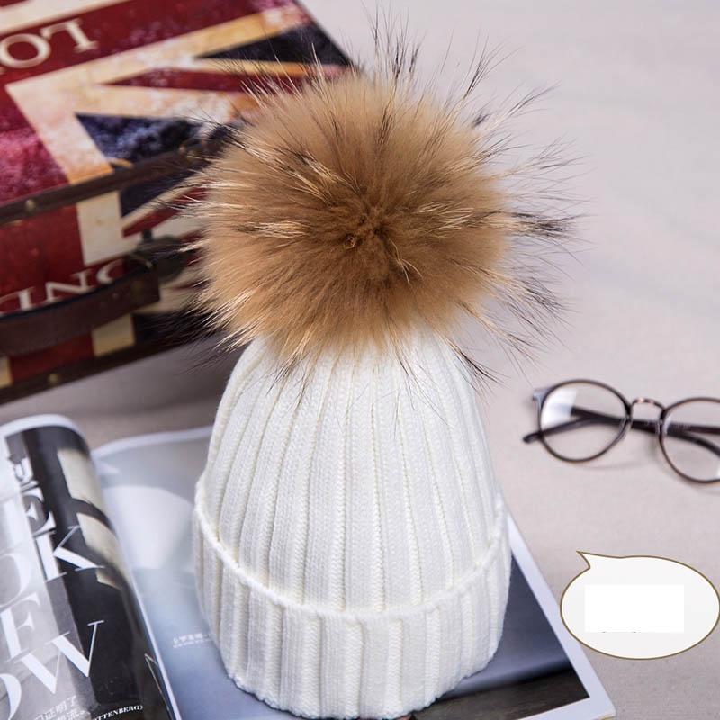 

Winter New Real Raccoon Fur Hats Pom Pon Women Lady Knit Beanie Bobble Cap White