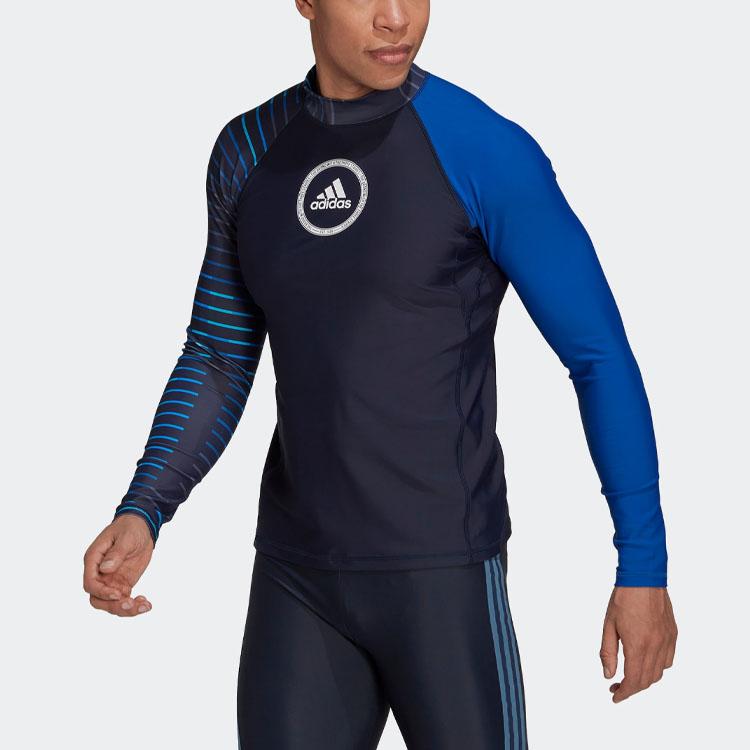 Adidas Color Block Stripe Logo Print Crew Neck Long Sleeve Swim Pants Men Swimwear Legendary-Ink-Blue HG4815