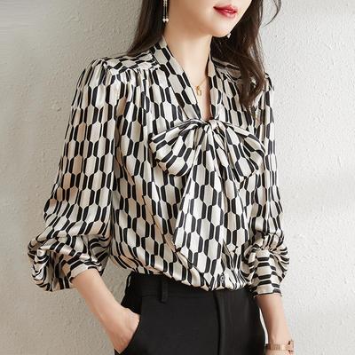 Black White Printed Top for Women In Spring with V-neck Ribbon Design Niche Temperament Long Sleeved Shirt Women's Clothing Blouses & Shirts