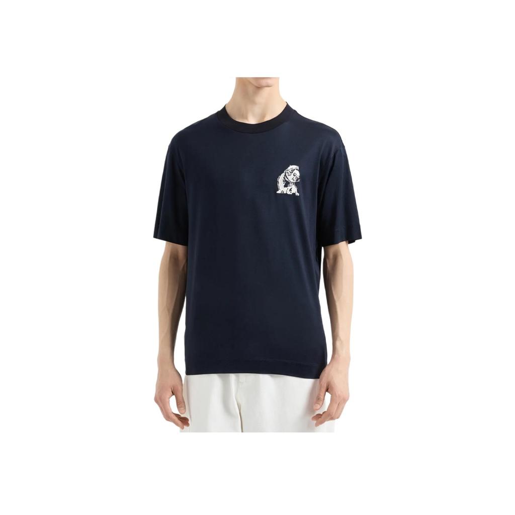 Emporio Armani Embroidered Bulldog Pattern Crew Neck Pullover Short Sleeve T-Shirt Men t-shirts Navy-Blue 6D1TC6-1JOSZ-0920